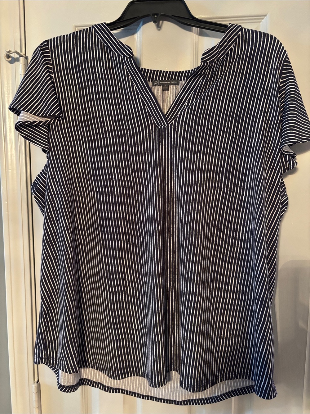 Adrianna Papell Black & White V-Neck Vertical Stripe Blouse